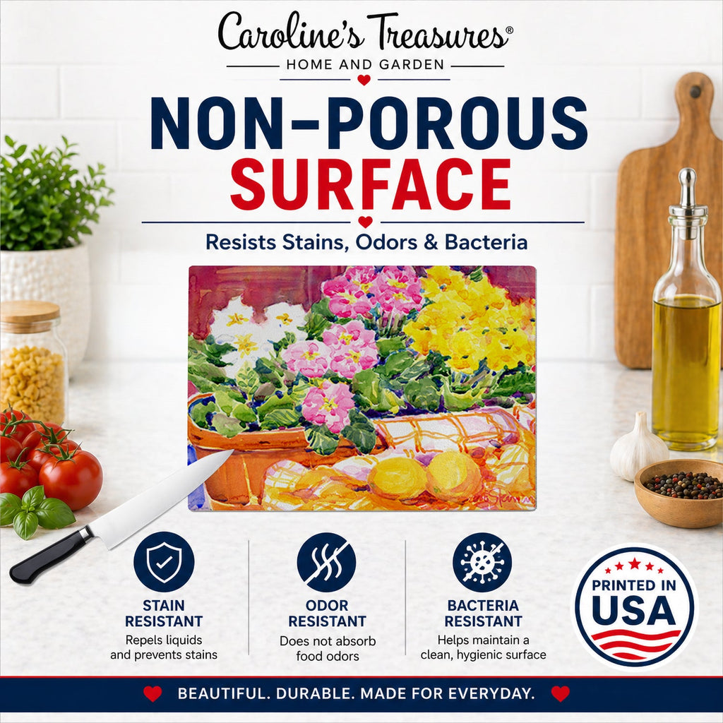 Flower - Primroses Cutting Board Tempered Glass Kitchen Cutting Surface, Heat Resistant Chopping, Non-Slip Feet, Food Prep & Serving