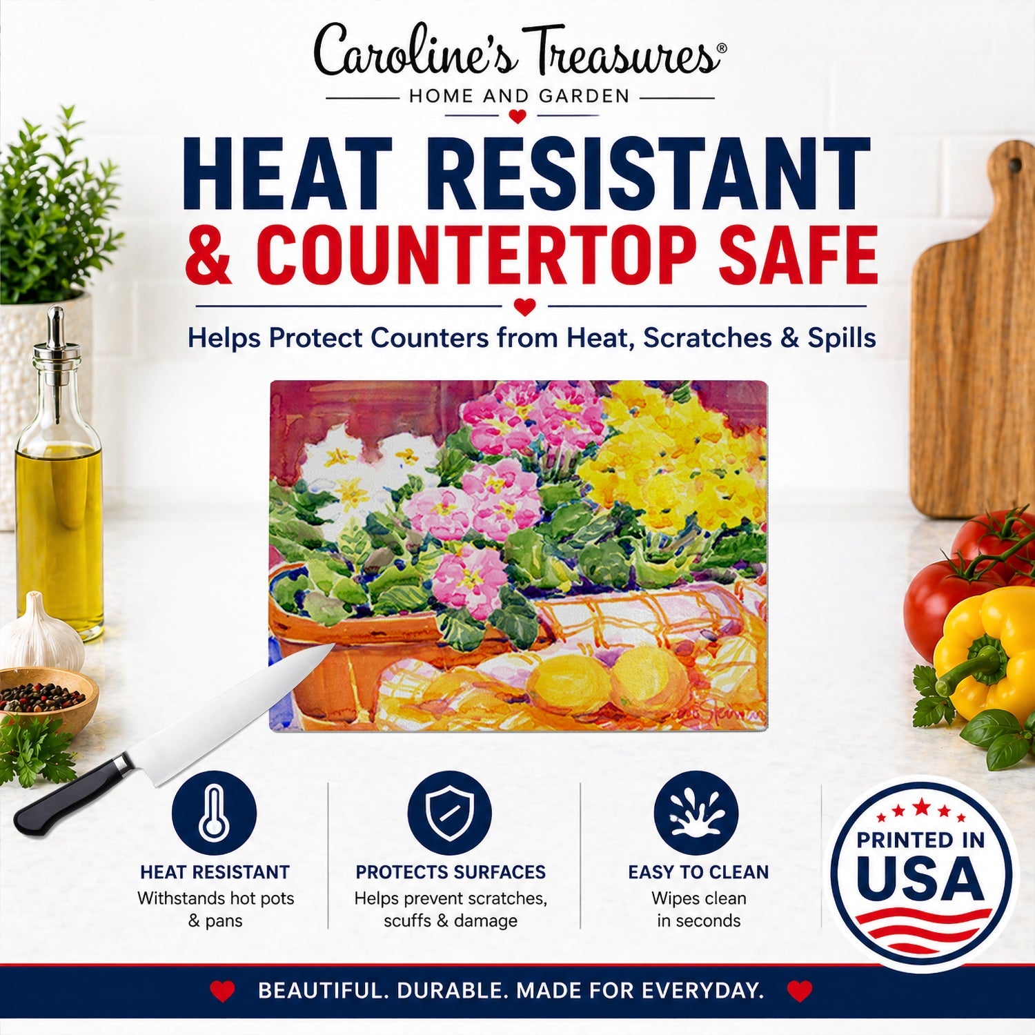 Flower - Primroses Cutting Board Tempered Glass Kitchen Cutting Surface, Heat Resistant Chopping, Non-Slip Feet, Food Prep & Serving