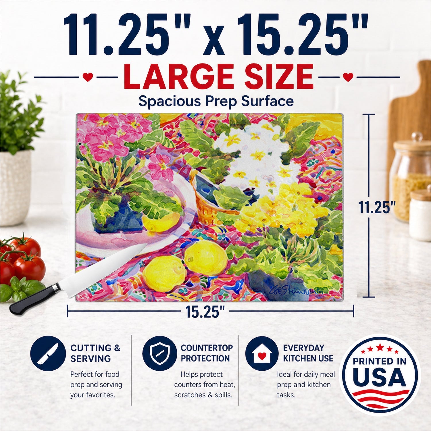 Flower - Primroses Cutting Board Tempered Glass Kitchen Cutting Surface, Heat Resistant Chopping, Non-Slip Feet, Food Prep & Serving