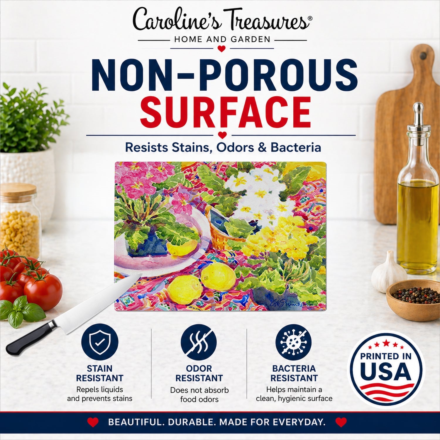 Flower - Primroses Cutting Board Tempered Glass Kitchen Cutting Surface, Heat Resistant Chopping, Non-Slip Feet, Food Prep & Serving