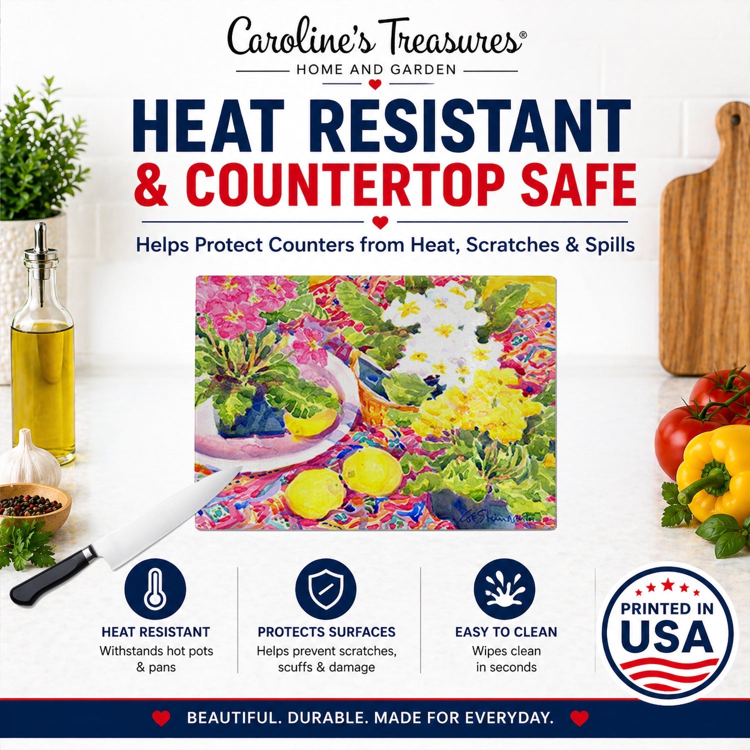 Flower - Primroses Cutting Board Tempered Glass Kitchen Cutting Surface, Heat Resistant Chopping, Non-Slip Feet, Food Prep & Serving
