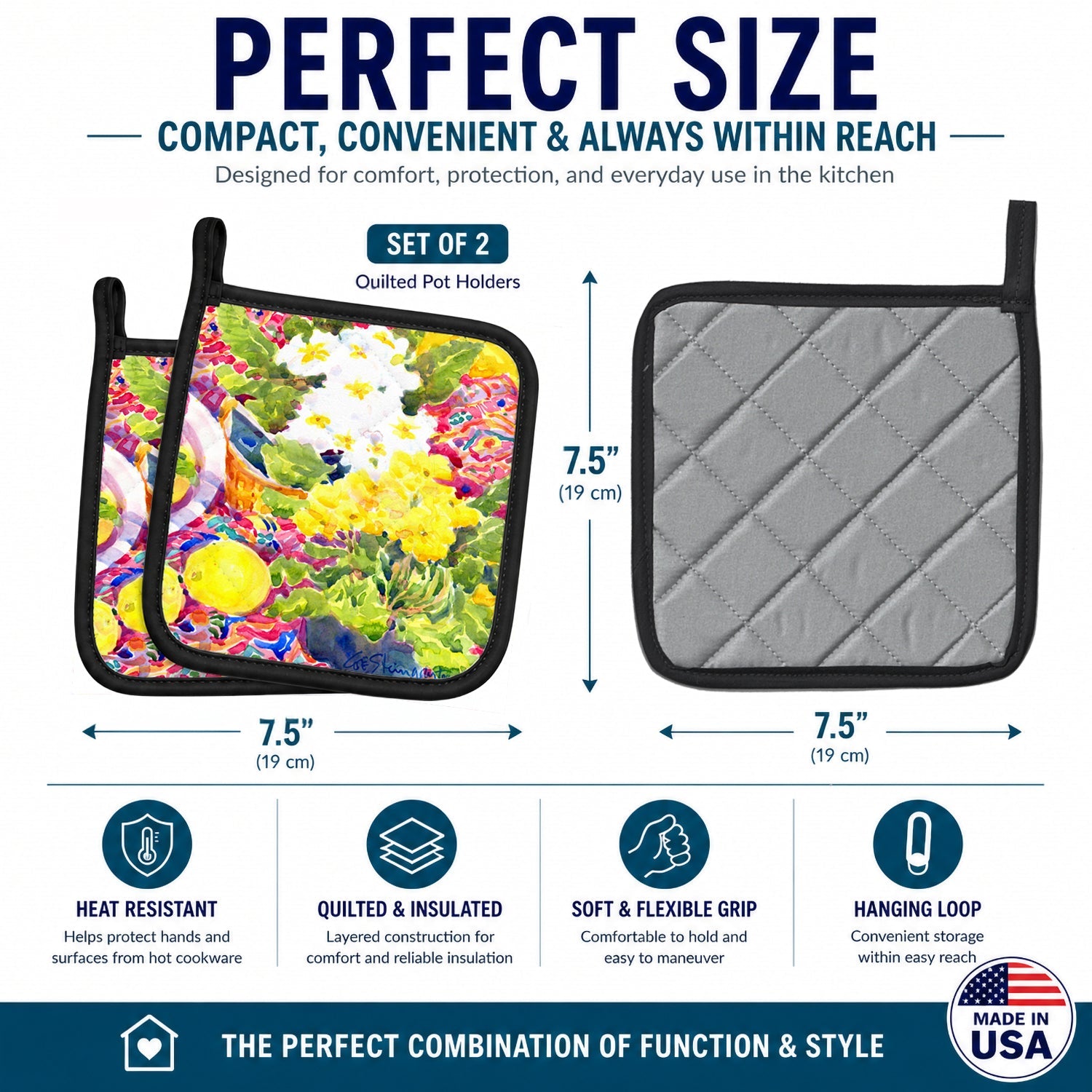 Flower - Primroses Pot Holder Set of 2 Heat Resistant Quilted Hot Pads 7.5 x 7.5 Inch, Insulated Kitchen Trivets for Cooking & Baking