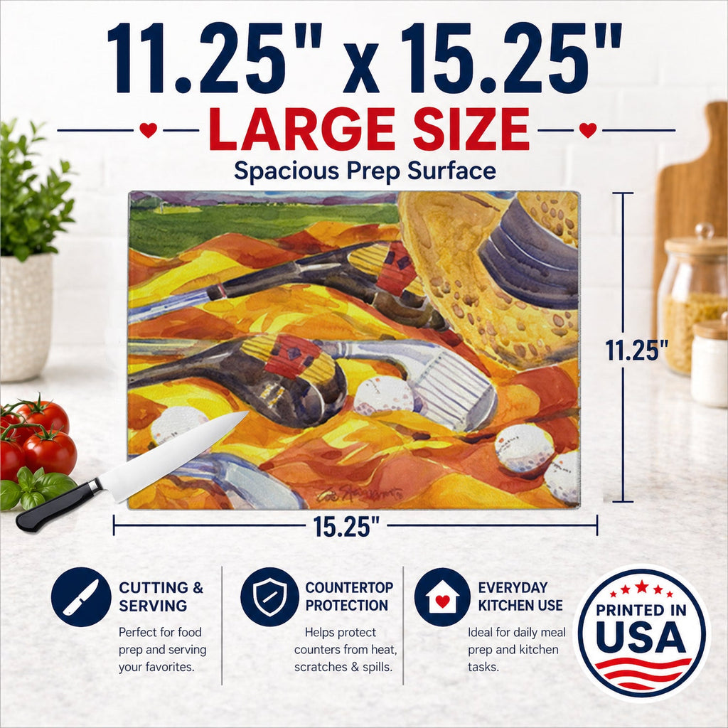 Golf Clubs Golfer Cutting Board Tempered Glass Kitchen Cutting Surface, Heat Resistant Chopping, Non-Slip Feet, Food Prep & Serving