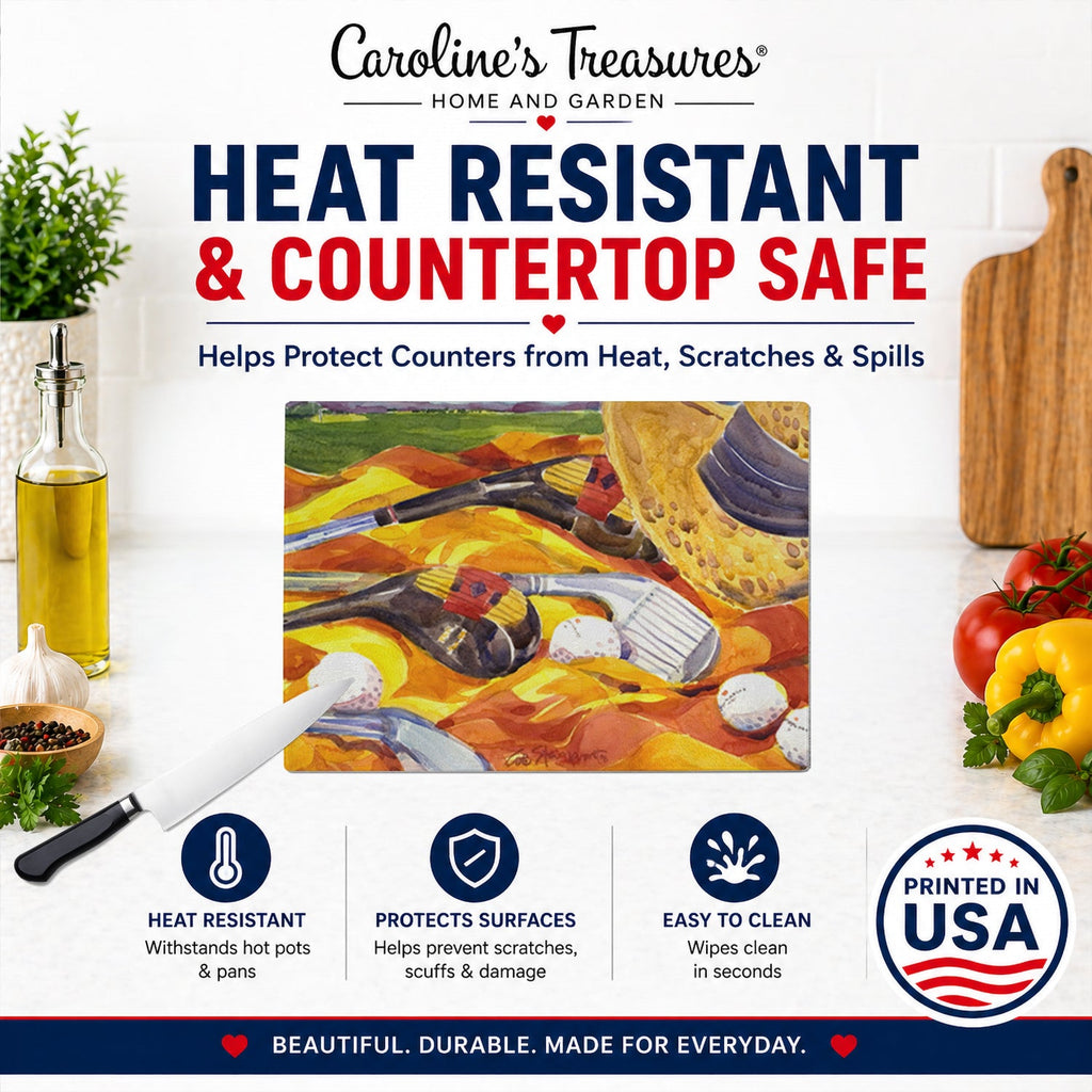Golf Clubs Golfer Cutting Board Tempered Glass Kitchen Cutting Surface, Heat Resistant Chopping, Non-Slip Feet, Food Prep & Serving