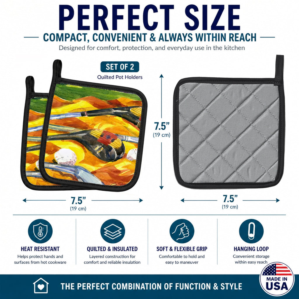 Golf Clubs Golfer Pot Holder Set of 2 Heat Resistant Quilted Hot Pads 7.5 x 7.5 Inch, Insulated Kitchen Trivets for Cooking & Baking