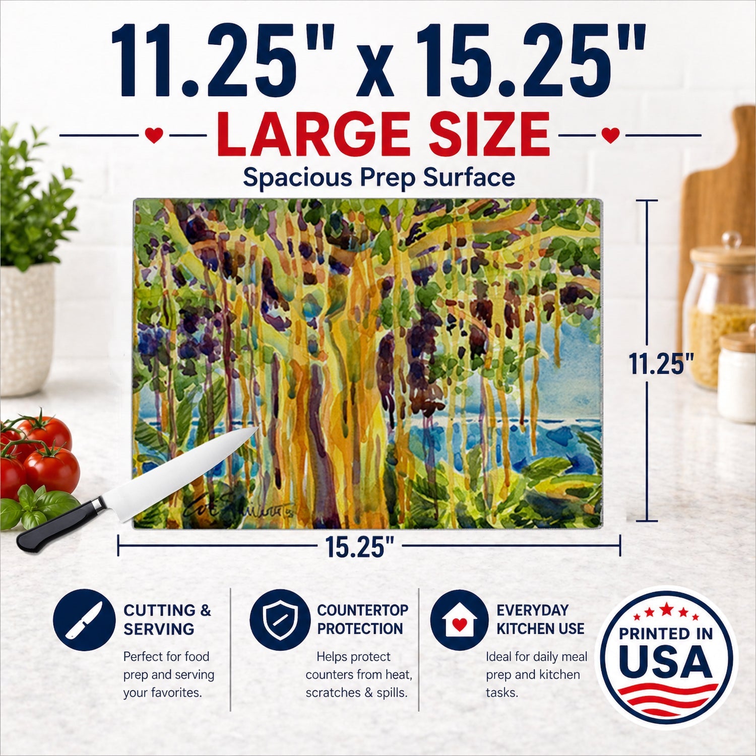 Tree - Banyan Tree Cutting Board Tempered Glass Kitchen Cutting Surface, Heat Resistant Chopping, Non-Slip Feet, Food Prep & Serving