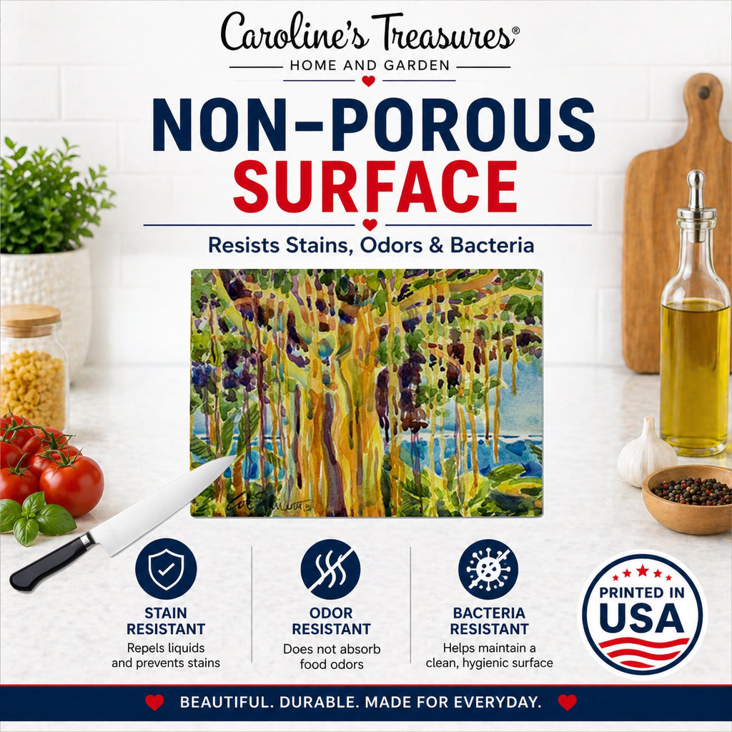 Tree - Banyan Tree Cutting Board Tempered Glass Kitchen Cutting Surface, Heat Resistant Chopping, Non-Slip Feet, Food Prep & Serving