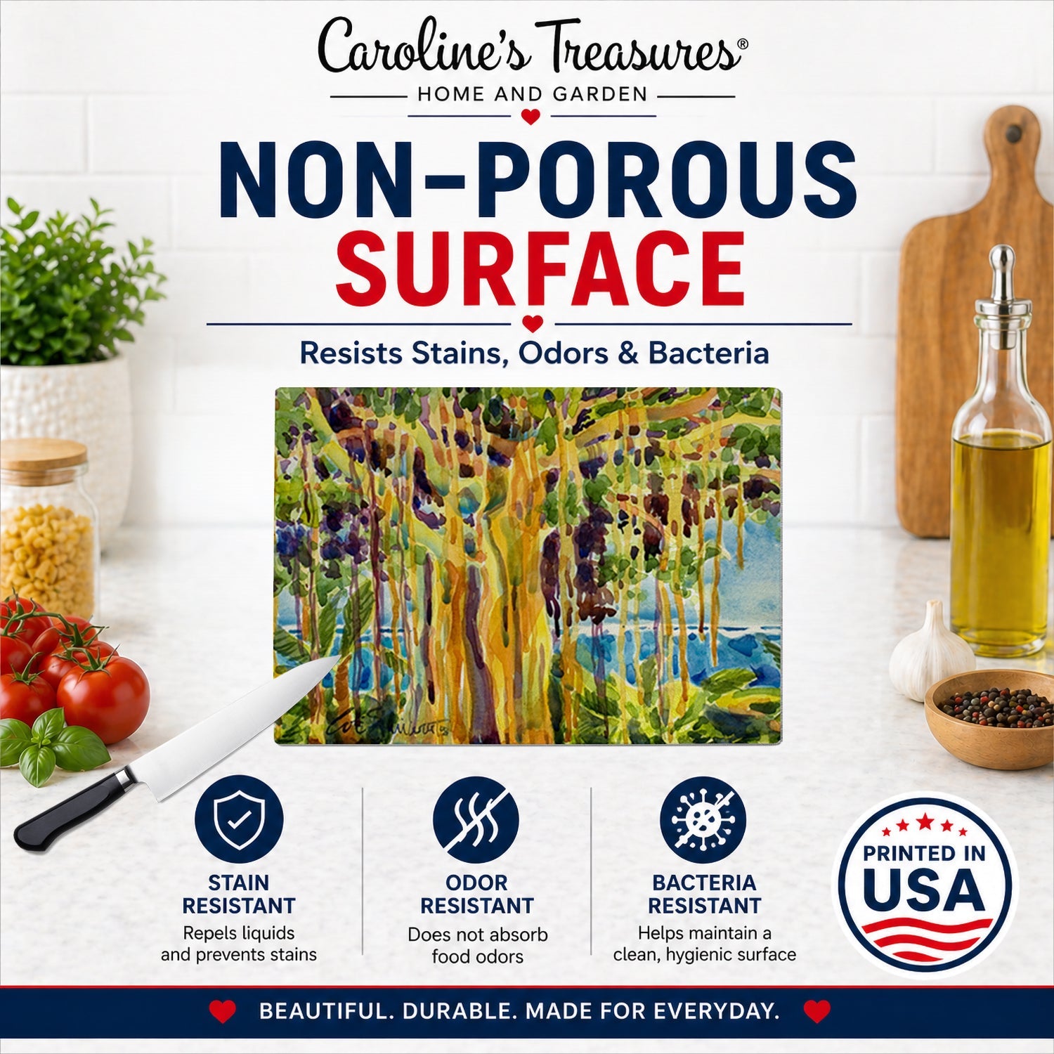 Tree - Banyan Tree Cutting Board Tempered Glass Kitchen Cutting Surface, Heat Resistant Chopping, Non-Slip Feet, Food Prep & Serving