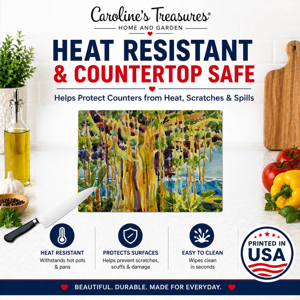 Tree - Banyan Tree Cutting Board Tempered Glass Kitchen Cutting Surface, Heat Resistant Chopping, Non-Slip Feet, Food Prep & Serving