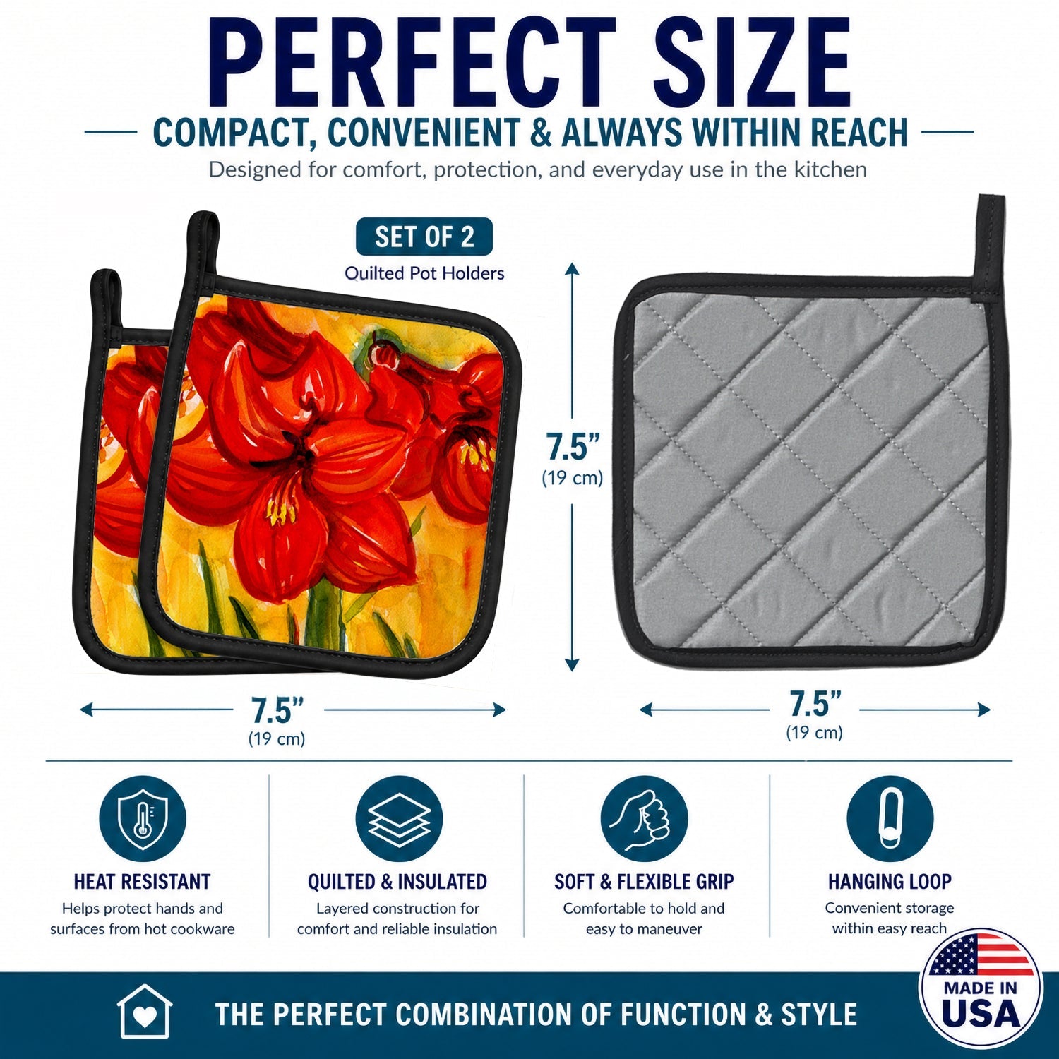 Flower - Amaryllis Pot Holder Set of 2 Heat Resistant Quilted Hot Pads 7.5 x 7.5 Inch, Insulated Kitchen Trivets for Cooking & Baking
