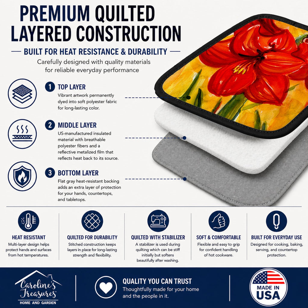 Flower - Amaryllis Pot Holder Set of 2 Heat Resistant Quilted Hot Pads 7.5 x 7.5 Inch, Insulated Kitchen Trivets for Cooking & Baking