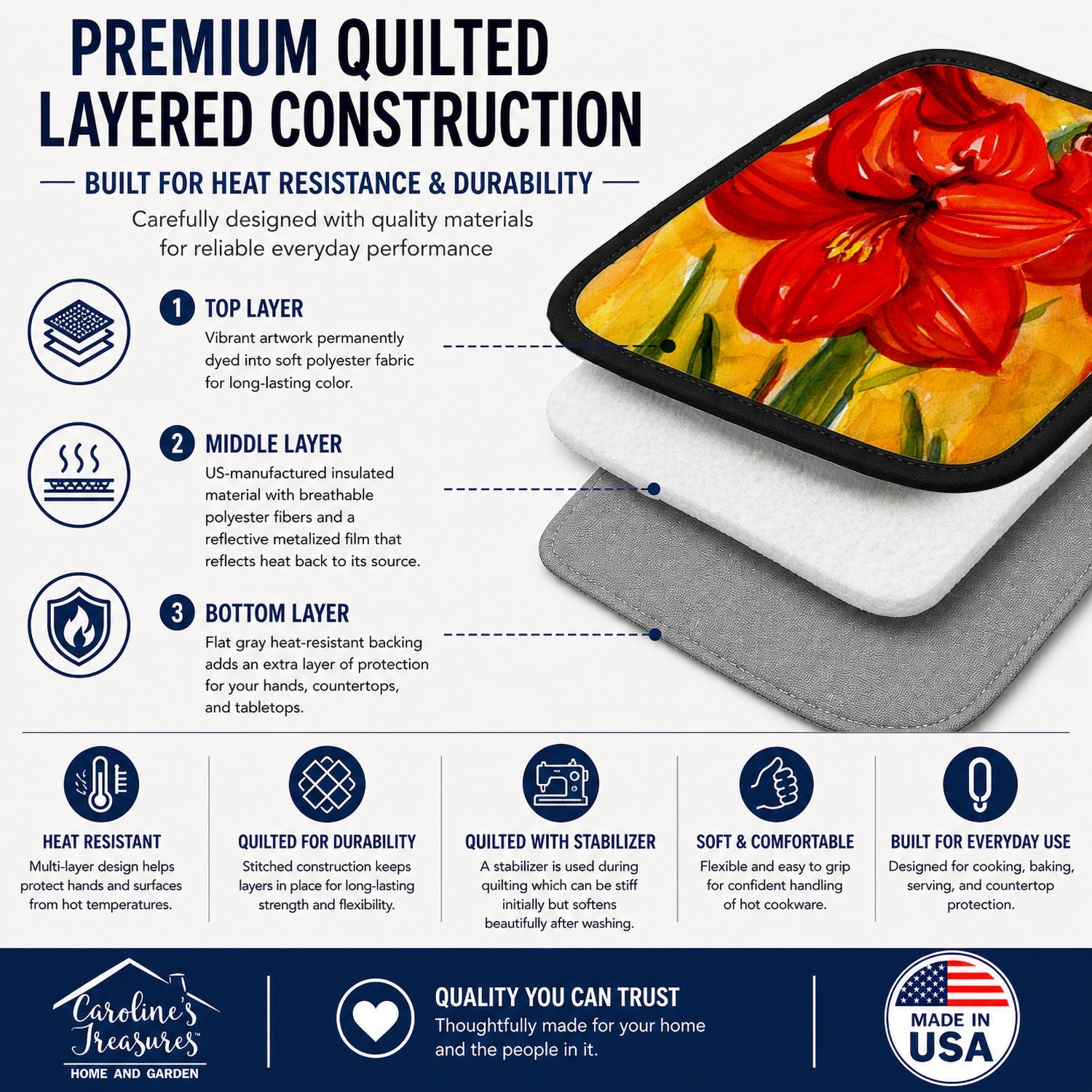 Flower - Amaryllis Pot Holder Set of 2 Heat Resistant Quilted Hot Pads 7.5 x 7.5 Inch, Insulated Kitchen Trivets for Cooking & Baking