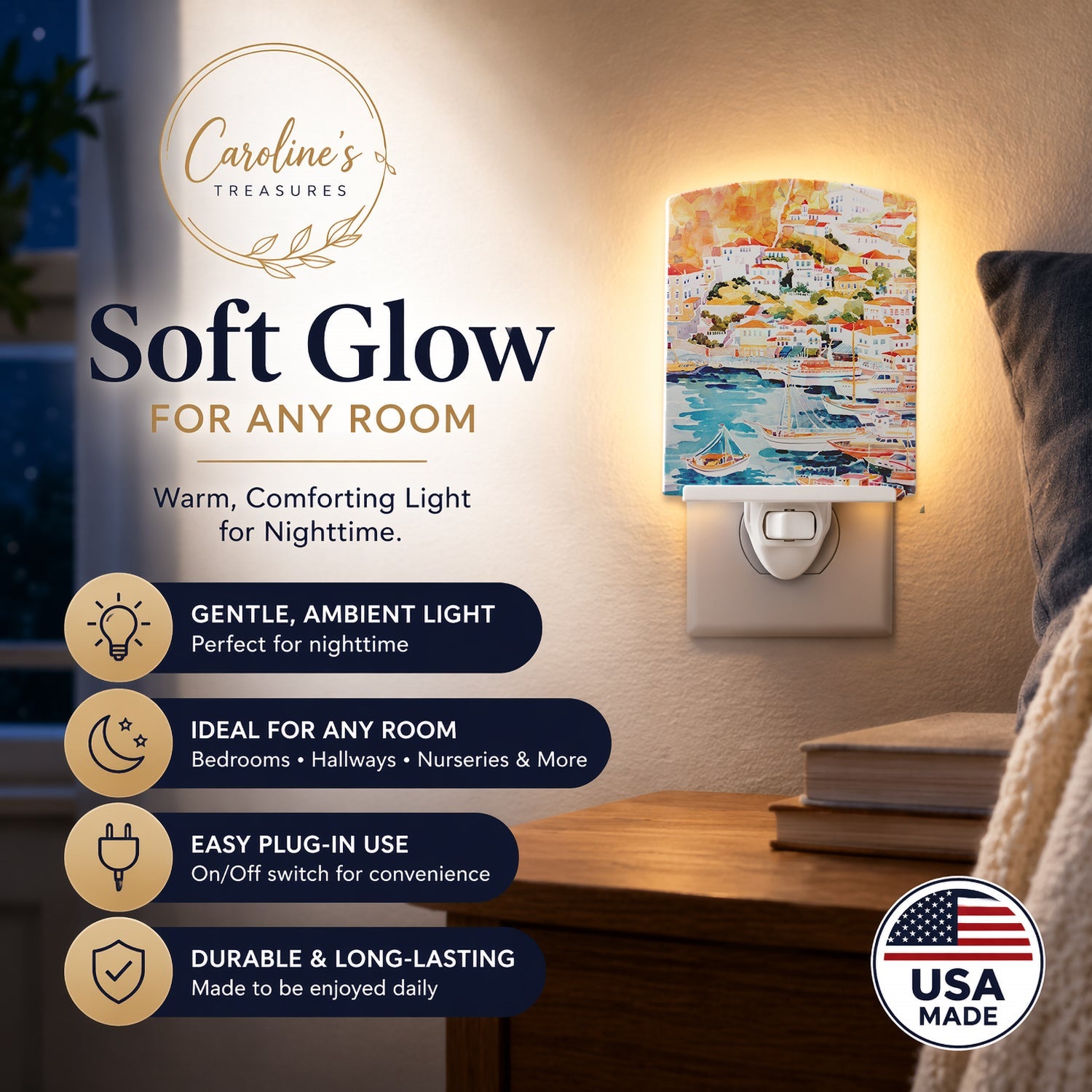 Harbour Ceramic Night Light Compact, UL-Certified, Ideal for Bedroom, Bathroom, Nursery, Hallway, Kitchen, 6x4x3, Multicolor