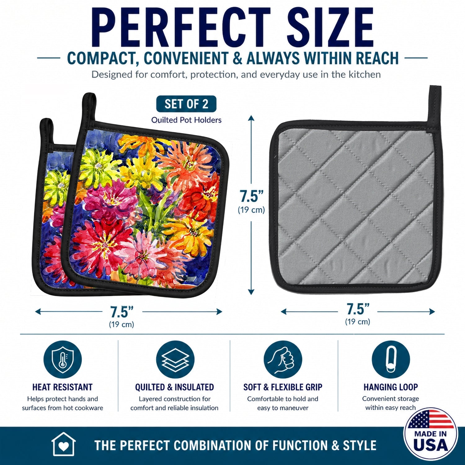 Flower - Gerber Daisies Pot Holder Set of 2 Heat Resistant Quilted Hot Pads 7.5 x 7.5 Inch, Insulated Kitchen Trivets for Cooking & Baking