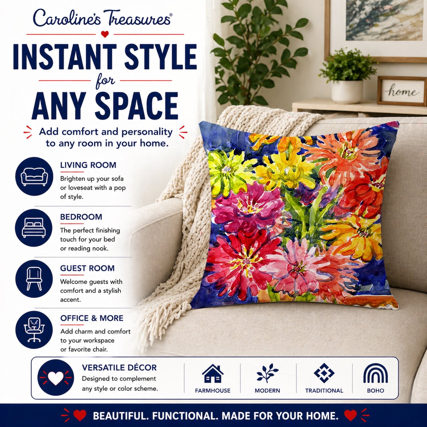 Flower - Gerber Daisies Decorative Throw Pillow 14x14 Indoor Outdoor Accent Cushion, Fabric Cover with Insert for Sofa, Bed, Porch & Living Room