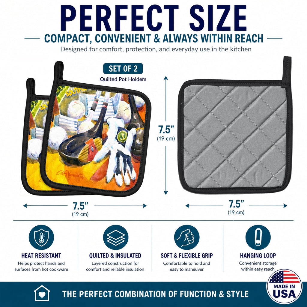 Golf Clubs, Ball and Glove Pot Holder Set of 2 Heat Resistant Quilted Hot Pads 7.5 x 7.5 Inch, Insulated Kitchen Trivets for Cooking & Baking