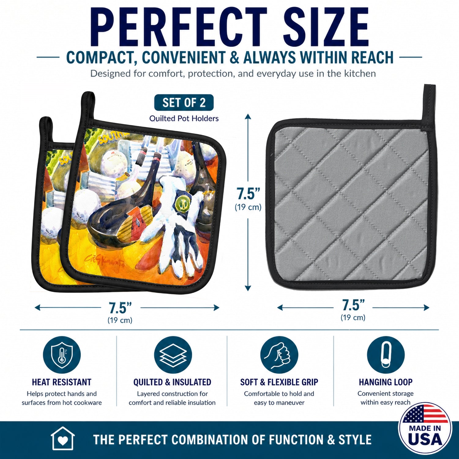 Golf Clubs, Ball and Glove Pot Holder Set of 2 Heat Resistant Quilted Hot Pads 7.5 x 7.5 Inch, Insulated Kitchen Trivets for Cooking & Baking