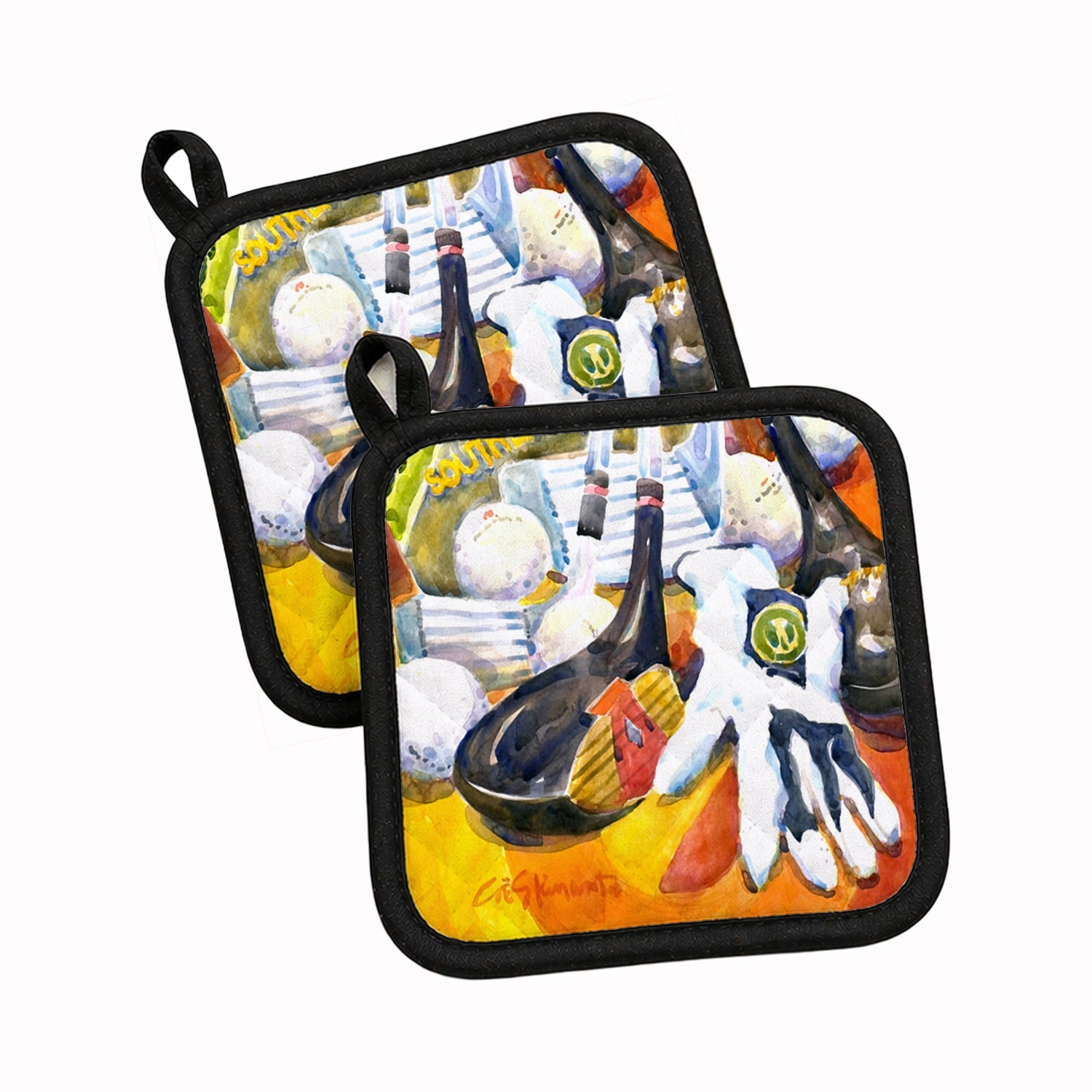 Golf Clubs, Ball and Glove Pot Holder Set of 2 Heat Resistant Quilted Hot Pads 7.5 x 7.5 Inch, Insulated Kitchen Trivets for Cooking & Baking