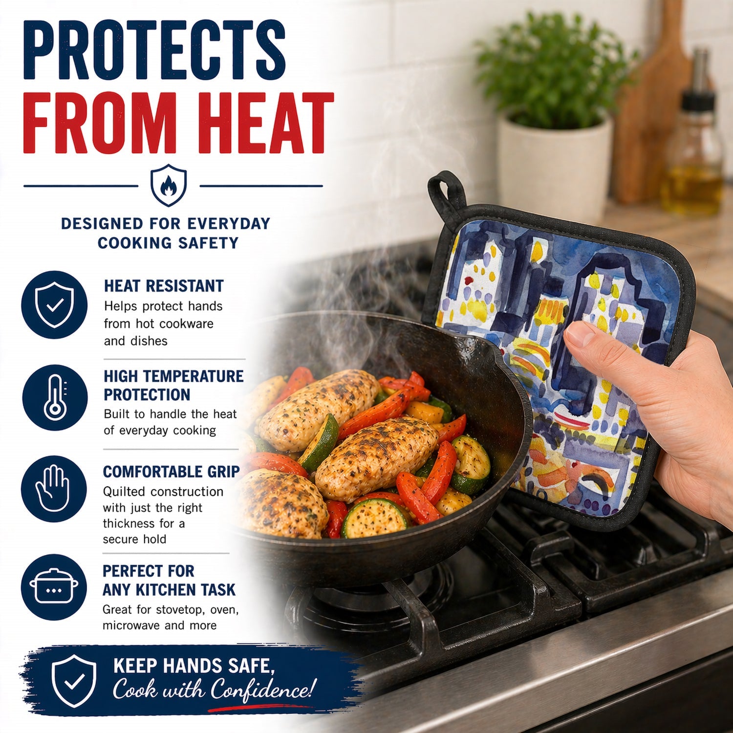 Skyline Abstract Pot Holder Set of 2 Heat Resistant Quilted Hot Pads 7.5 x 7.5 Inch, Insulated Kitchen Trivets for Cooking & Baking