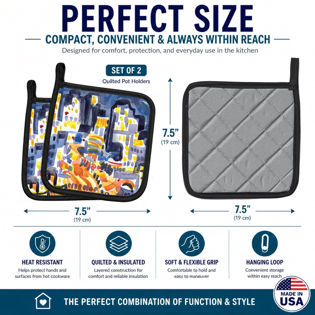 Skyline Abstract Pot Holder Set of 2 Heat Resistant Quilted Hot Pads 7.5 x 7.5 Inch, Insulated Kitchen Trivets for Cooking & Baking