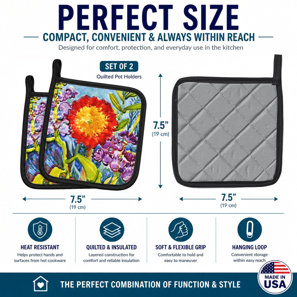 Flower - Sunflower Pot Holder Set of 2 Heat Resistant Quilted Hot Pads 7.5 x 7.5 Inch, Insulated Kitchen Trivets for Cooking & Baking
