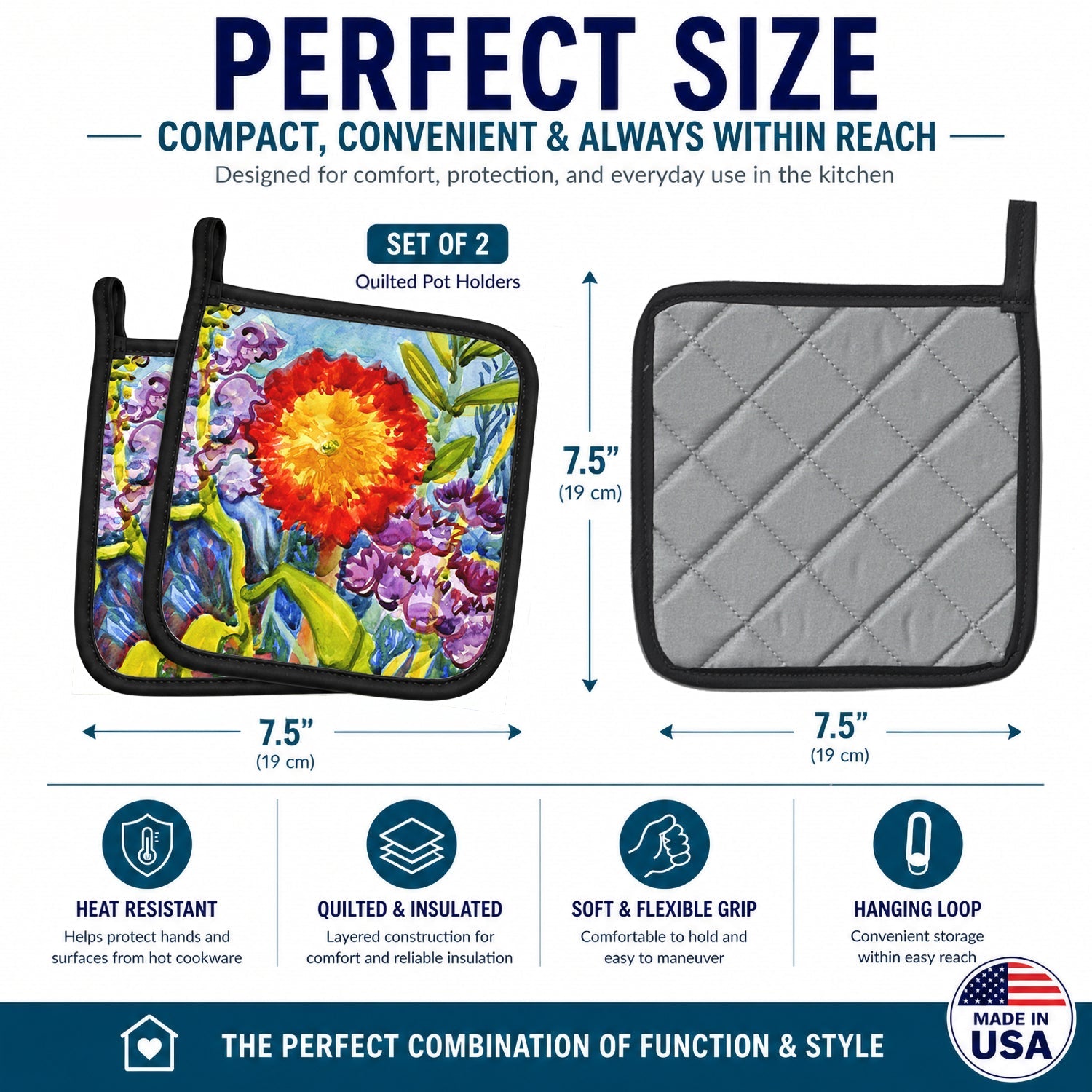 Flower - Sunflower Pot Holder Set of 2 Heat Resistant Quilted Hot Pads 7.5 x 7.5 Inch, Insulated Kitchen Trivets for Cooking & Baking