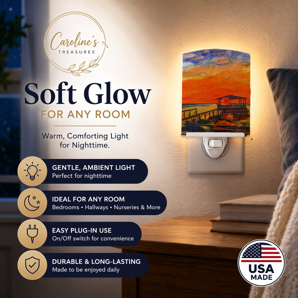 Sunset at the Dock Ceramic Night Light Compact, UL-Certified, Ideal for Bedroom, Bathroom, Nursery, Hallway, Kitchen, 6x4x3, Multicolor