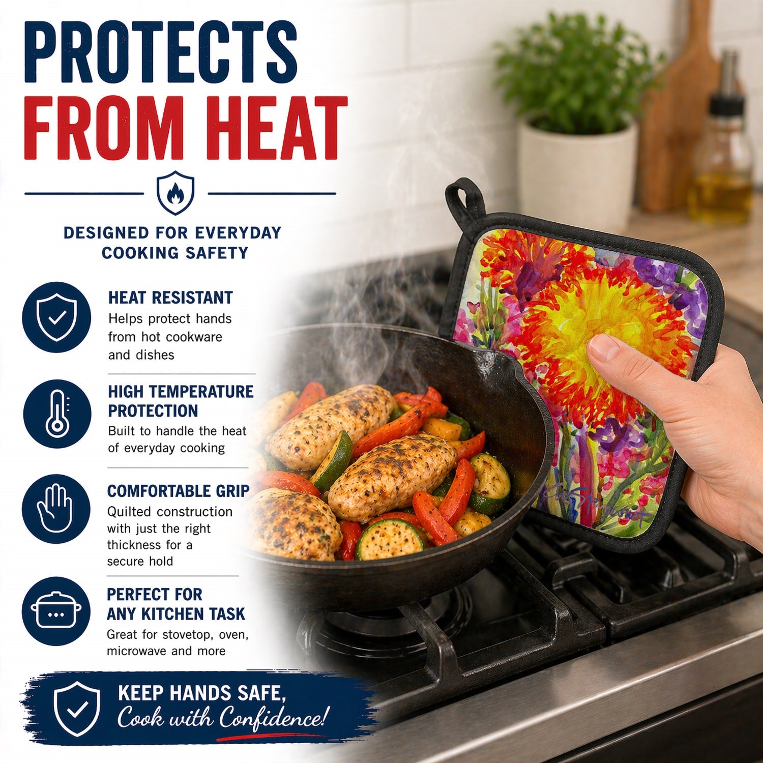 Flower - Aster Pot Holder Set of 2 Heat Resistant Quilted Hot Pads 7.5 x 7.5 Inch, Insulated Kitchen Trivets for Cooking & Baking