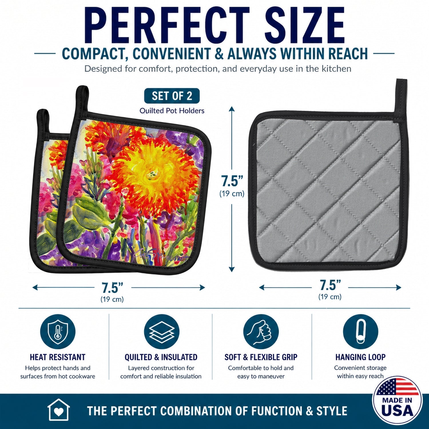 Flower - Aster Pot Holder Set of 2 Heat Resistant Quilted Hot Pads 7.5 x 7.5 Inch, Insulated Kitchen Trivets for Cooking & Baking