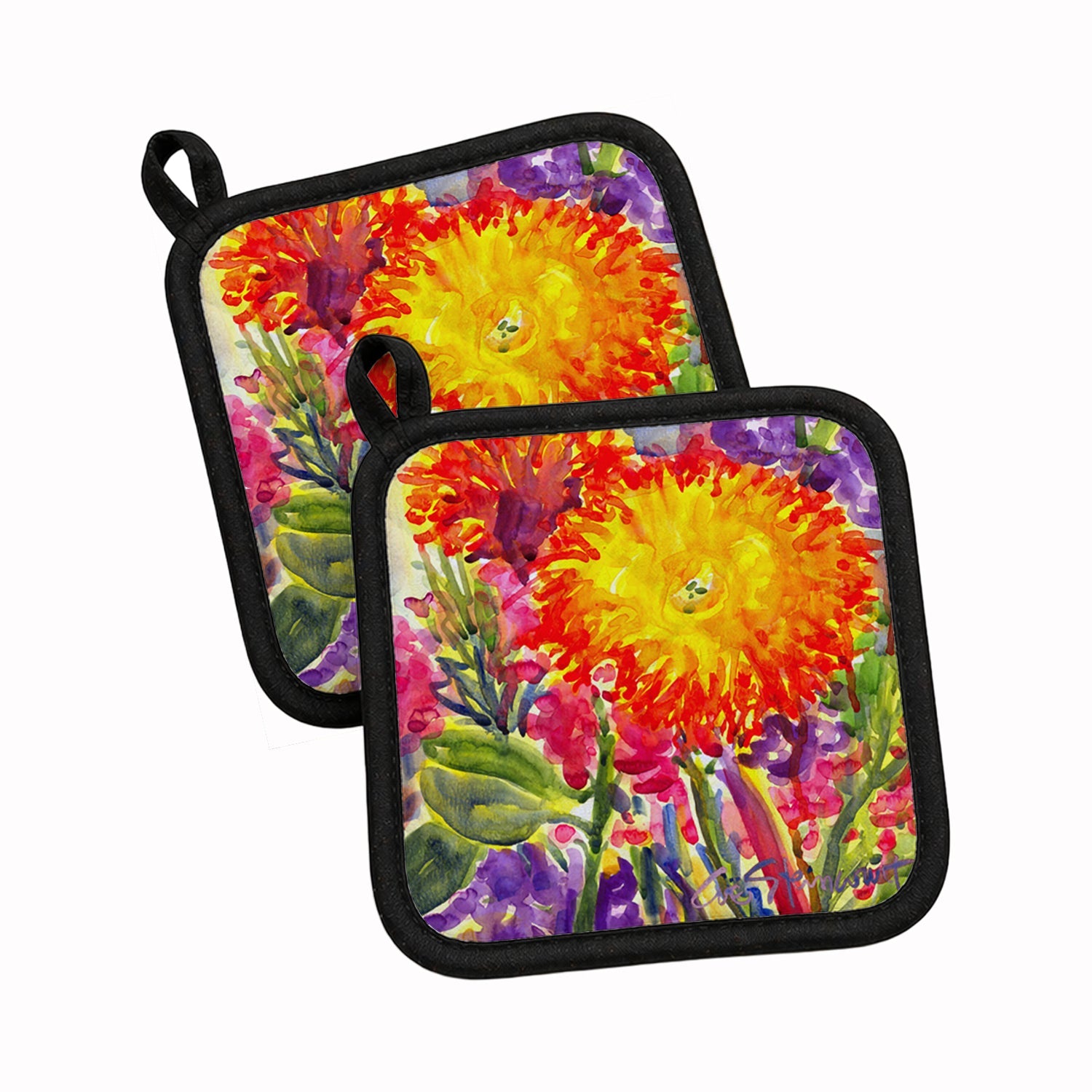 Flower - Aster Pot Holder Set of 2 Heat Resistant Quilted Hot Pads 7.5 x 7.5 Inch, Insulated Kitchen Trivets for Cooking & Baking