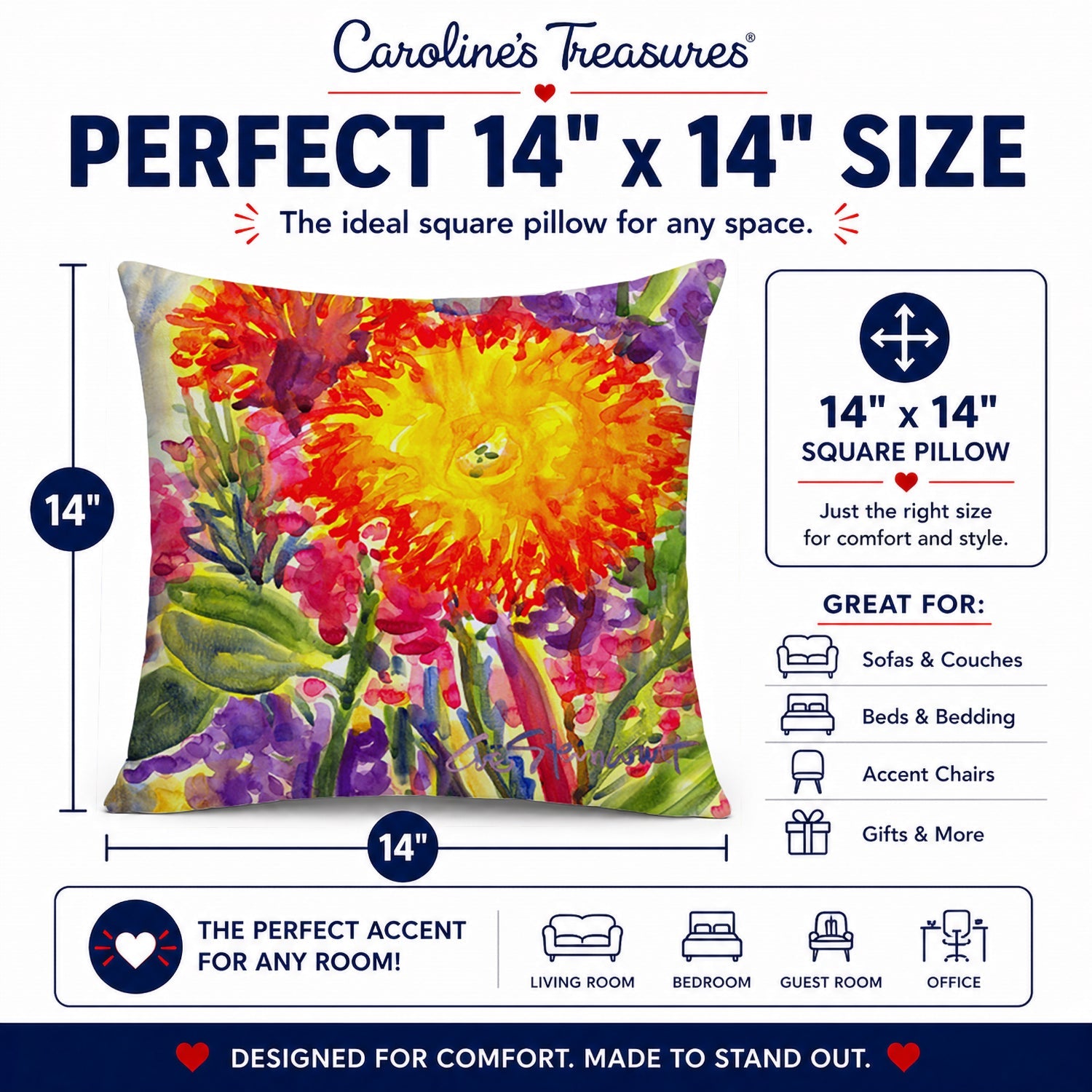 Flower - Aster Decorative Throw Pillow 14x14 Indoor Outdoor Accent Cushion, Fabric Cover with Insert for Sofa, Bed, Porch & Living Room