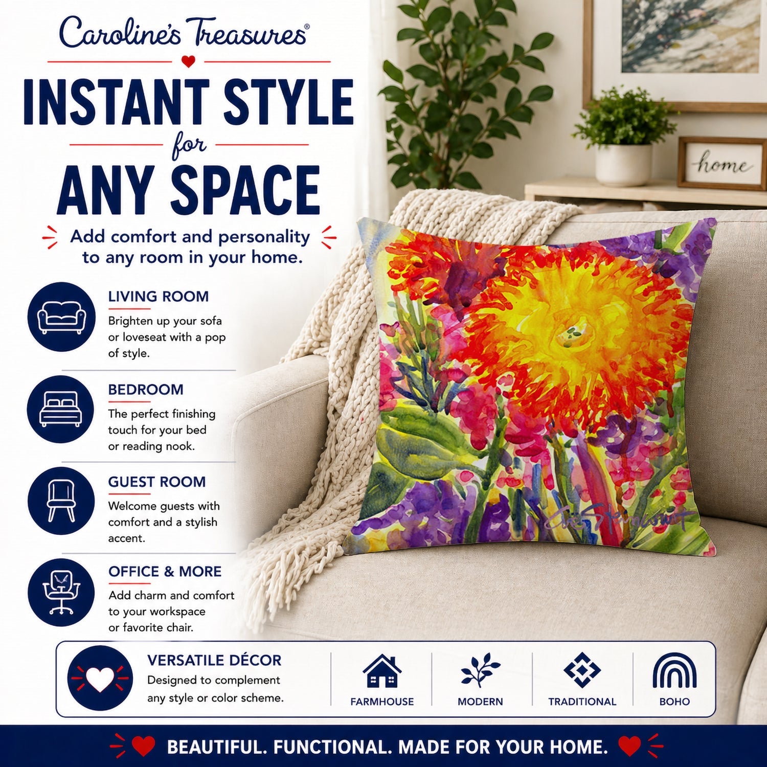 Flower - Aster Decorative Throw Pillow 14x14 Indoor Outdoor Accent Cushion, Fabric Cover with Insert for Sofa, Bed, Porch & Living Room