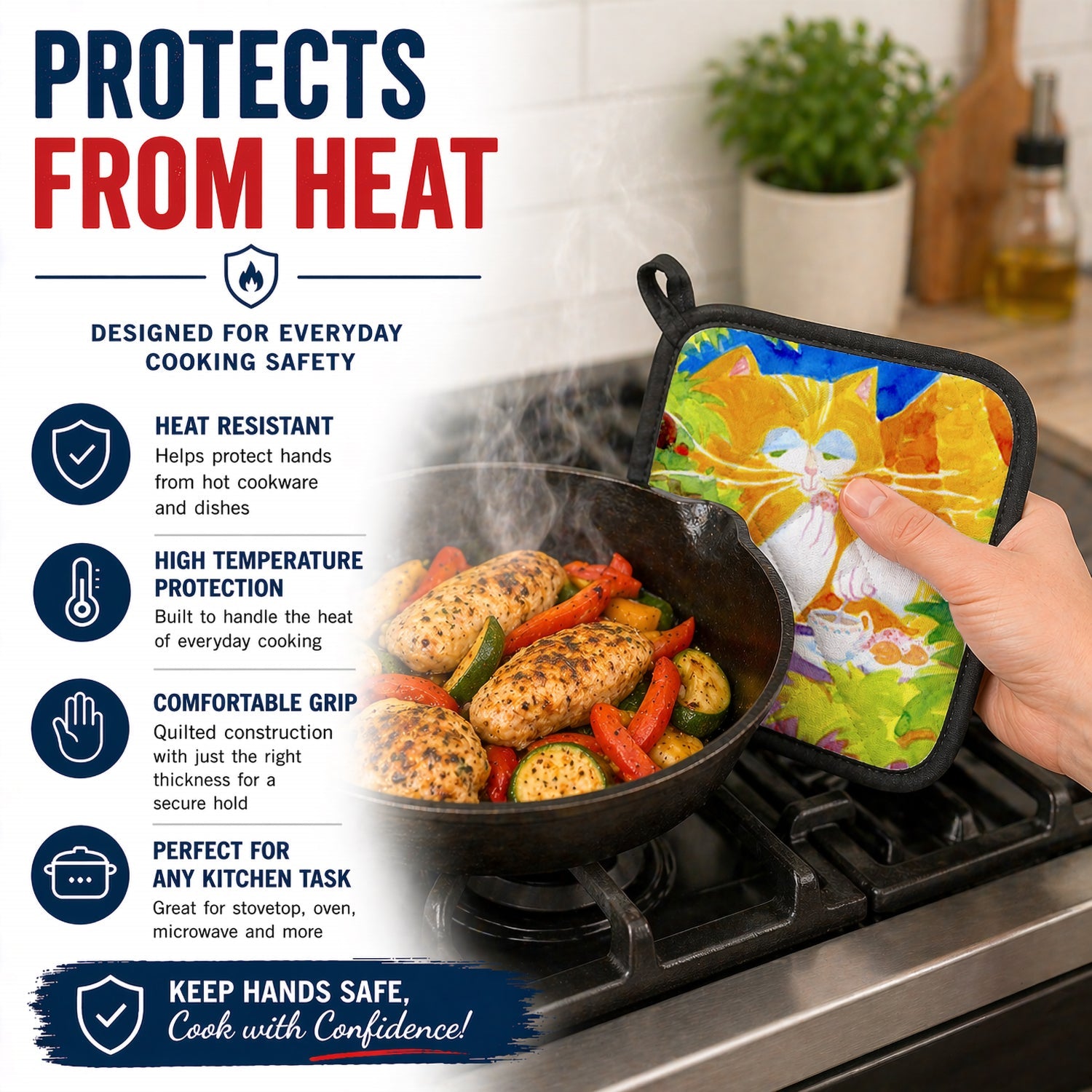 Cat Tea Time Pot Holder Set of 2 Heat Resistant Quilted Hot Pads 7.5 x 7.5 Inch, Insulated Kitchen Trivets for Cooking & Baking