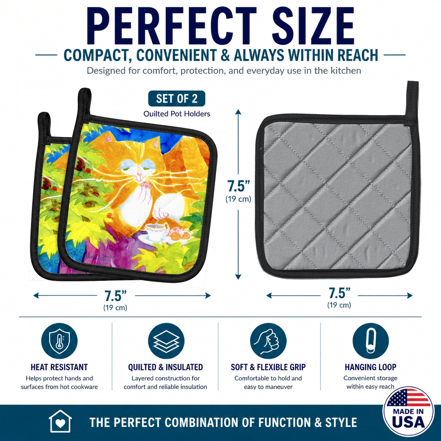 Cat Tea Time Pot Holder Set of 2 Heat Resistant Quilted Hot Pads 7.5 x 7.5 Inch, Insulated Kitchen Trivets for Cooking & Baking