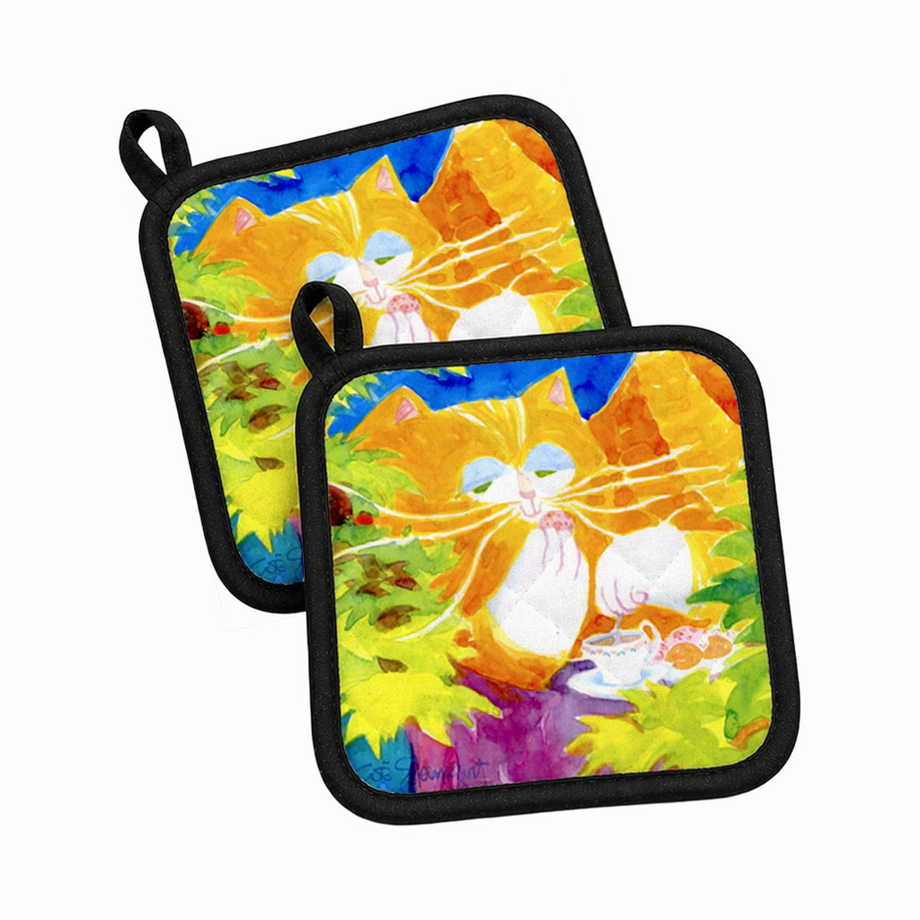 Cat Tea Time Pot Holder Set of 2 Heat Resistant Quilted Hot Pads 7.5 x 7.5 Inch, Insulated Kitchen Trivets for Cooking & Baking
