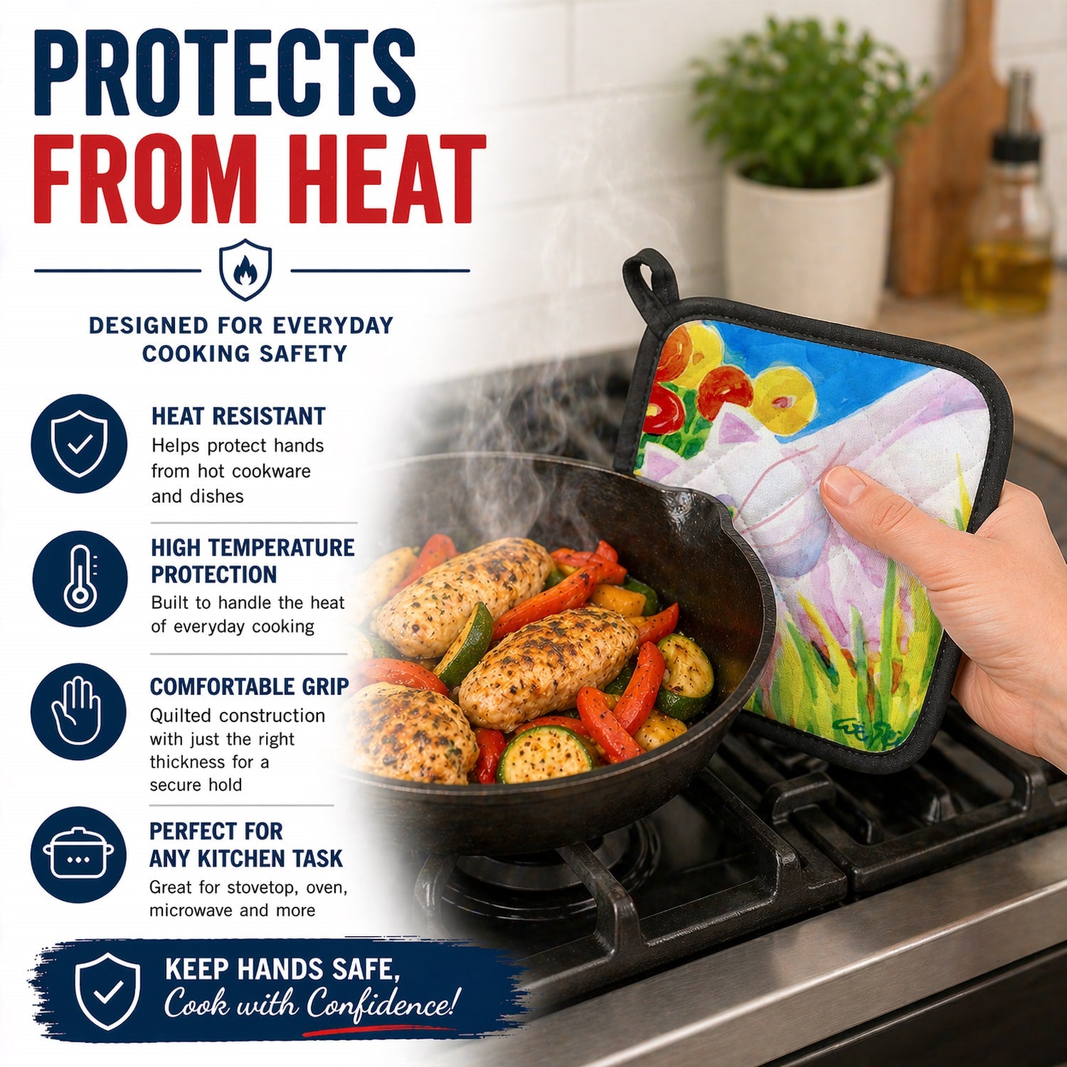 White Cat Tea Time Pot Holder Set of 2 Heat Resistant Quilted Hot Pads 7.5 x 7.5 Inch, Insulated Kitchen Trivets for Cooking & Baking
