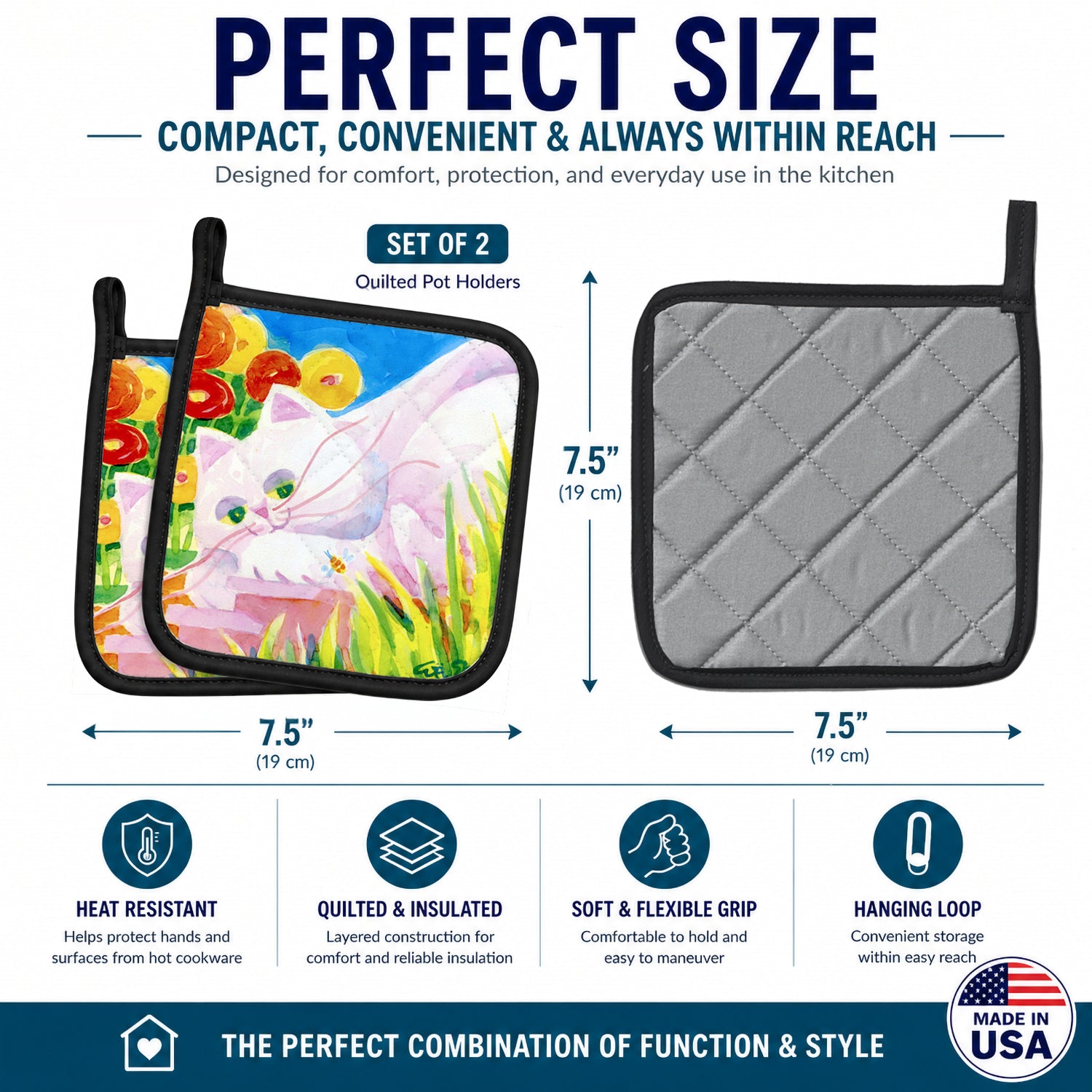 White Cat Tea Time Pot Holder Set of 2 Heat Resistant Quilted Hot Pads 7.5 x 7.5 Inch, Insulated Kitchen Trivets for Cooking & Baking