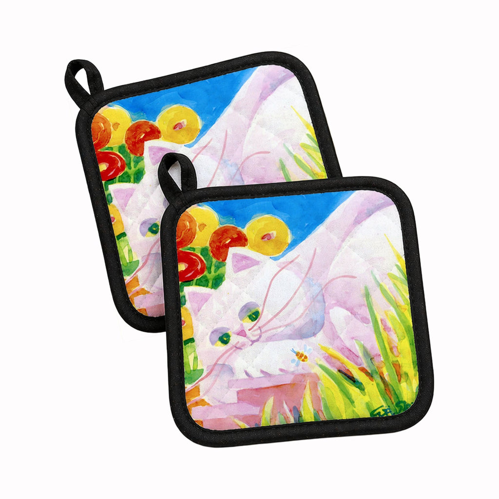 White Cat Tea Time Pot Holder Set of 2 Heat Resistant Quilted Hot Pads 7.5 x 7.5 Inch, Insulated Kitchen Trivets for Cooking & Baking