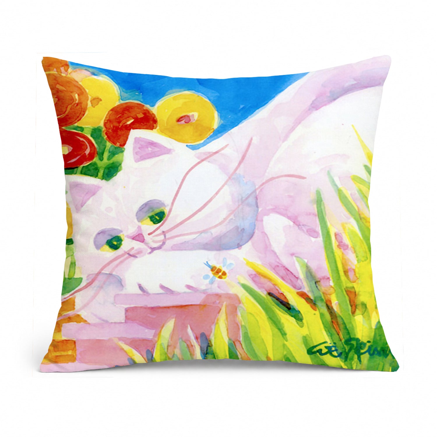 White Cat Tea Time Decorative Throw Pillow 14x14 Indoor Outdoor Accent Cushion, Fabric Cover with Insert for Sofa, Bed, Porch & Living Room