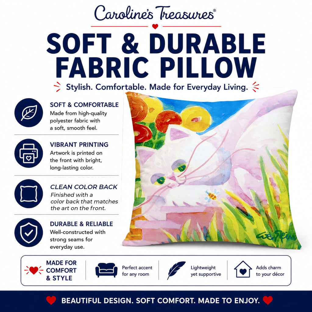 White Cat Tea Time Decorative Throw Pillow 14x14 Indoor Outdoor Accent Cushion, Fabric Cover with Insert for Sofa, Bed, Porch & Living Room
