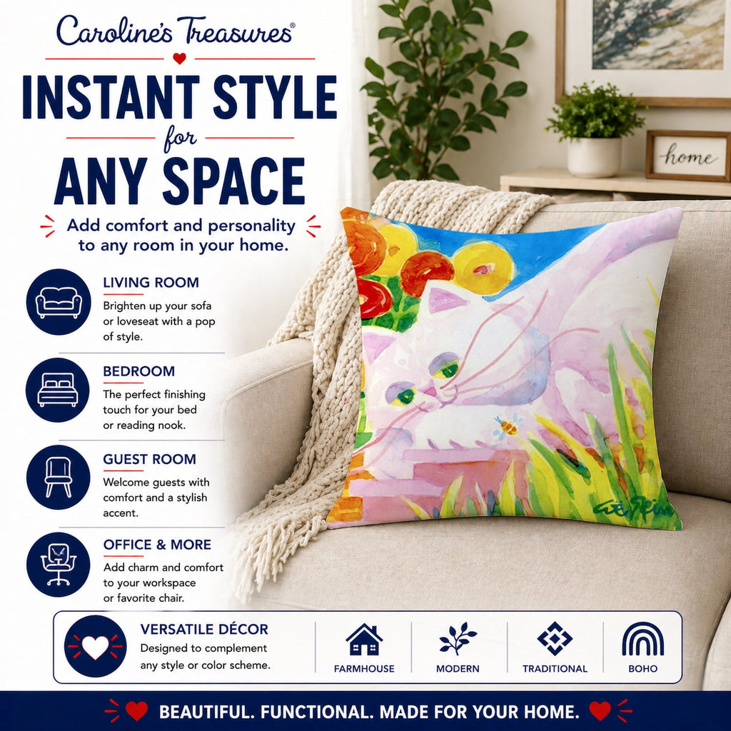 White Cat Tea Time Decorative Throw Pillow 14x14 Indoor Outdoor Accent Cushion, Fabric Cover with Insert for Sofa, Bed, Porch & Living Room