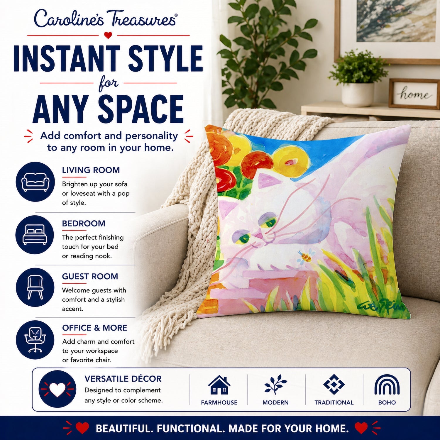 White Cat Tea Time Decorative Throw Pillow 14x14 Indoor Outdoor Accent Cushion, Fabric Cover with Insert for Sofa, Bed, Porch & Living Room