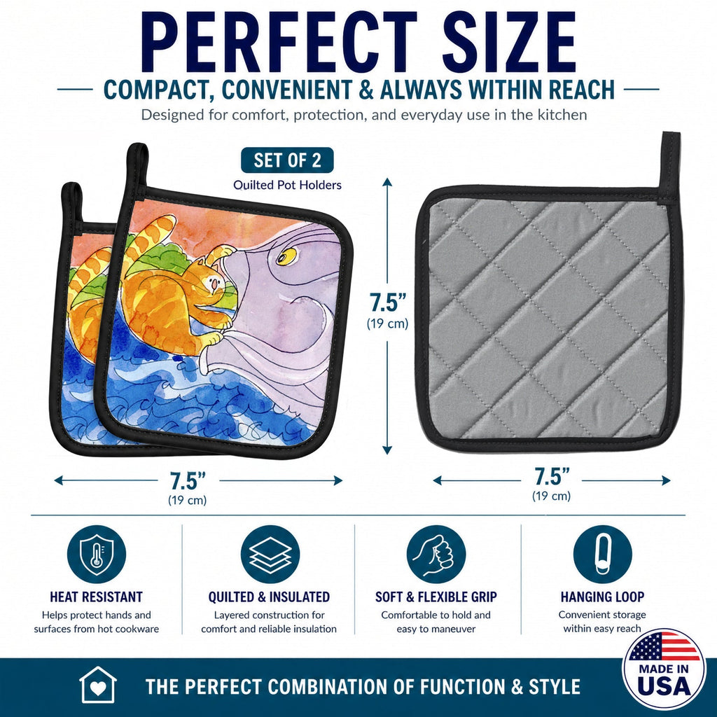 Cat and the Big Fish Pot Holder Set of 2 Heat Resistant Quilted Hot Pads 7.5 x 7.5 Inch, Insulated Kitchen Trivets for Cooking & Baking