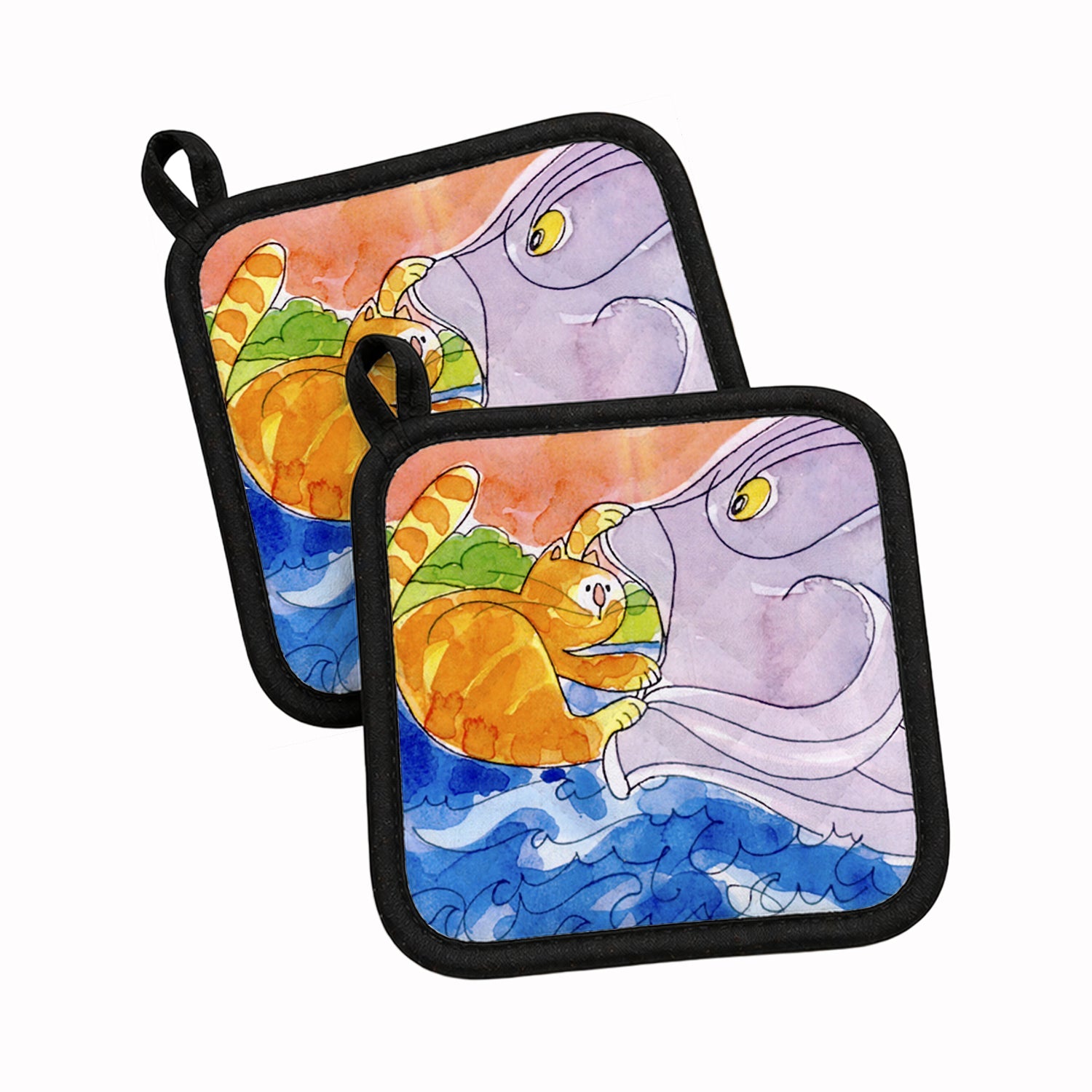 Cat and the Big Fish Pot Holder Set of 2 Heat Resistant Quilted Hot Pads 7.5 x 7.5 Inch, Insulated Kitchen Trivets for Cooking & Baking
