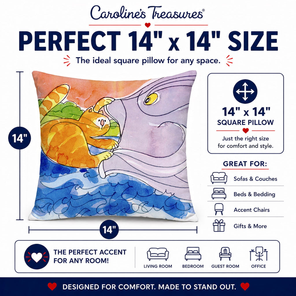 Cat and the Big Fish Decorative Throw Pillow 14x14 Indoor Outdoor Accent Cushion, Fabric Cover with Insert for Sofa, Bed, Porch & Living Room