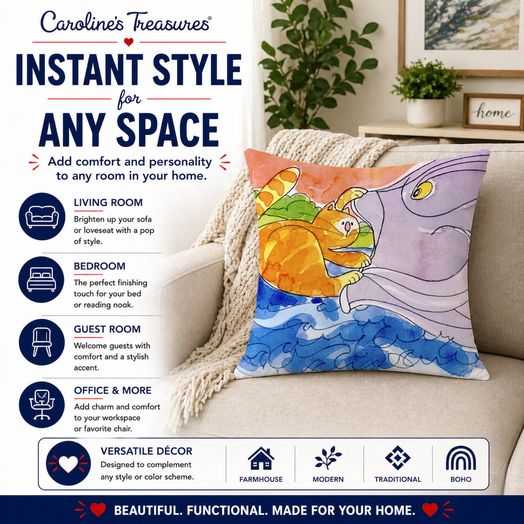 Cat and the Big Fish Decorative Throw Pillow 14x14 Indoor Outdoor Accent Cushion, Fabric Cover with Insert for Sofa, Bed, Porch & Living Room