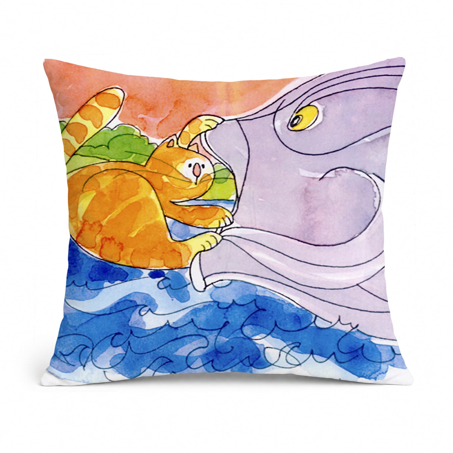 Cat and the Big Fish Decorative Throw Pillow 14x14 Indoor Outdoor Accent Cushion, Fabric Cover with Insert for Sofa, Bed, Porch & Living Room
