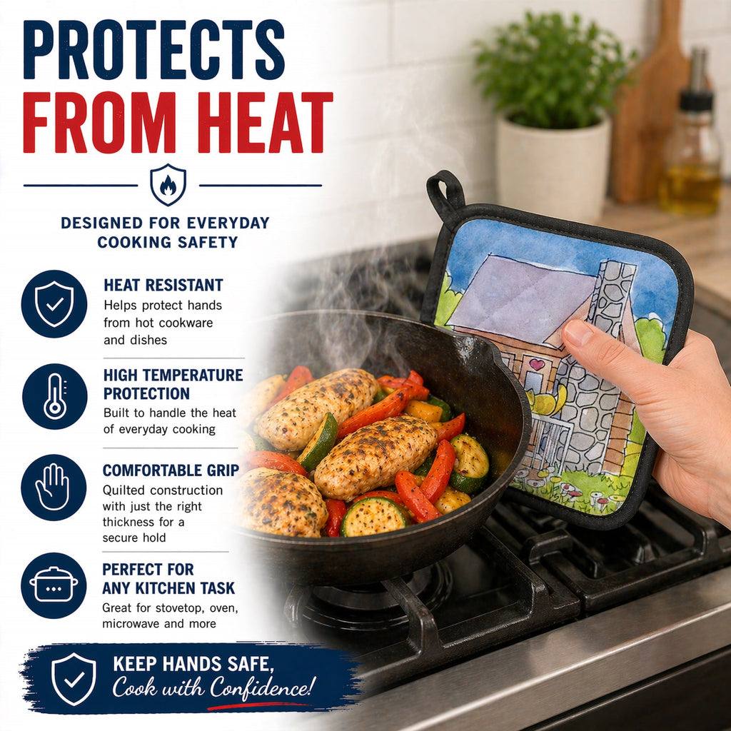 Cat Love at the Log Cabin  Pot Holder Set of 2 Heat Resistant Quilted Hot Pads 7.5 x 7.5 Inch, Insulated Kitchen Trivets for Cooking & Baking