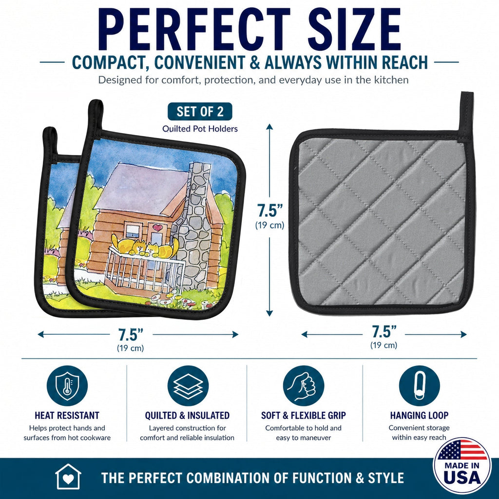 Cat Love at the Log Cabin  Pot Holder Set of 2 Heat Resistant Quilted Hot Pads 7.5 x 7.5 Inch, Insulated Kitchen Trivets for Cooking & Baking