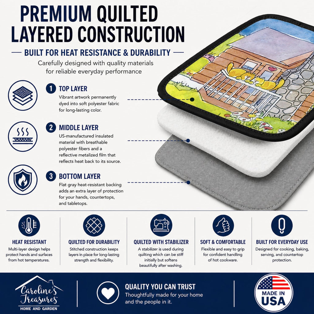 Cat Love at the Log Cabin  Pot Holder Set of 2 Heat Resistant Quilted Hot Pads 7.5 x 7.5 Inch, Insulated Kitchen Trivets for Cooking & Baking